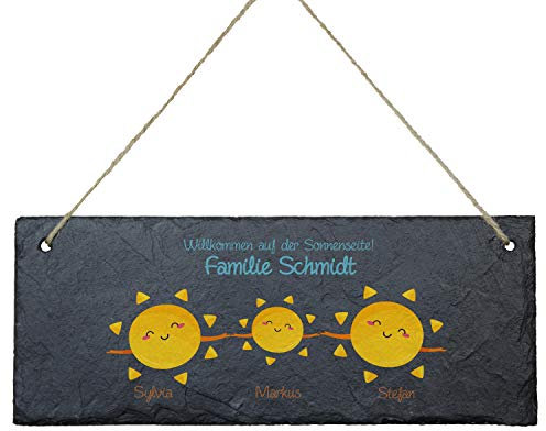 Geschenke 24 Schiefertafel Willkommen auf der Sonnenseite (1 Kind) - Türschild mit Namen Bedruckt, Schieferplatte für Deine Familie - personalisiert mit Familienname + bis zu 6 Namen