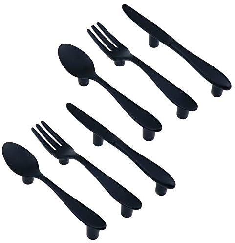 Meprotal 2 Sets Zinc Alloy Creative Tableware Cabinet Knobs 3 Inch Hole Center Spoon Knives Forks Drawer Pulls with Screws for Cupboards, Drawers, Cabinets (Black)