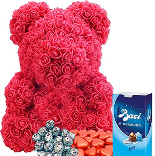 FG Idea Regalo Orsacchiotto di Rose Artificiali con Scatola Cuore Rosso con Baci Perugina al Latte cioccolatini Cuore Idea Regalo Innamorati San Valentino Festa fidanzati Amore