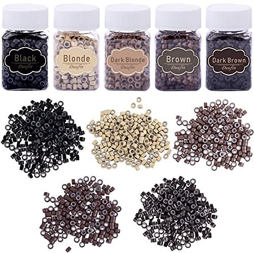 Duufin 2500 Stück Microrings mit Silikon Einsatz 5 mm Silikon Nano Ringe Microrings Hair Extension Microringe Loops Silikonringe Micro Links für Haarverlängerung, 5 Flaschen mit 5 Farben