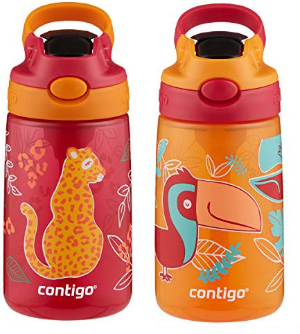 Contigo Aubrey Kids Cleanable Water Bottle with Silicone Straw and Spill-Proof Lid, Dishwasher Safe, 14oz 2-Pack, Cheetah & Toucans