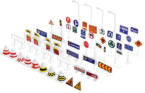TOYANDONA 56-Teiliges Verkehrsschilder-Set mit Mini-Ampeln – Pädagogisches Spielzeug für Verkehrserziehung | Lernspielzeug für Kinder ab 3 Jahren | Straßenverkehr-Zubehör für Spielteppiche & Sandkaste