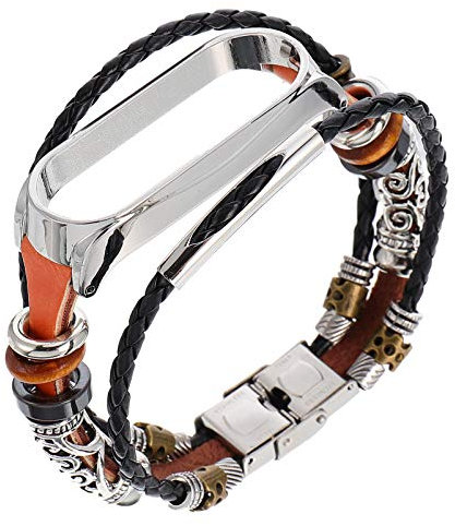 Reloj Inteligente Pulsera de Repuesto Correa de Muñeca de Cadena de Cuentas Compatible con Mi Band 5/5 (Carcasa de Cuero Marrón Plateado)