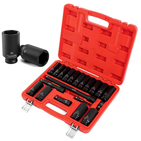 Juego de llaves de vaso de impacto 1/2 de profundidad, 20pieza Tamaño métrico: 10-24 mm y barra de extensión de 3'' 5'' 10'', 6 Puntos Torque,acero Cr-MO,Vaso de impacto reforzado