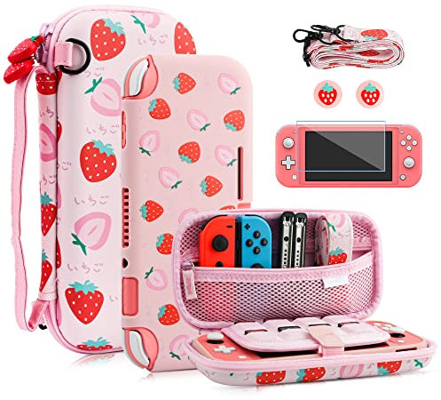 FANPL Custodia per Nintendo Switch Lite, graziosa custodia rosa con fragole per Switch Lite accessori con morbida copertura in TPU, cinturino regolabile, protezione schermo, tappi per pollice
