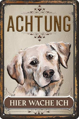 30 x 20 cm wetterfestes Blechschild, Warnhinweis, Torschild, Achtung, hier Wache ich! Warnung vor dem Hund (Labrador hell)