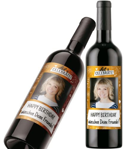 Flaschenetikett personalisiert mit Foto & Text | Premium Aufkleber-Set | Goldeffekt-Folie | Weinflaschen Etikett personalisiert (Layout 4)