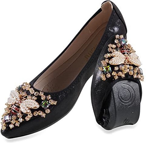 MACHSWON Womens Fold up Pumps Roll up Shoes Foldable Ballet Flats with Sparkly Rhinestone, Portable Ladies Slip On Loafers(Black-4, Size 7.5)