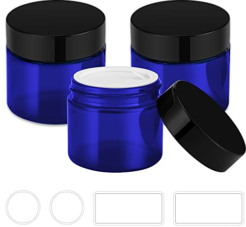 Bumobum Lot de 3 petits bocaux en verre avec couvercles et étiquettes blanches 60 ml pour échantillons, poudre, crème, lotion, épices Bleu