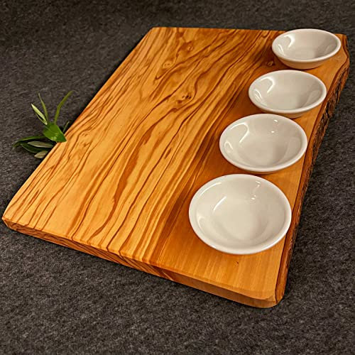 What the Art!® Olive Wood «Ciotoline» | Olivenholz Servierbrett + 4x Keramik Dip-Schälchen + Geschenk | ca. 35 x 25 x 2 cm | Tablett - Dekotablett - Servierplatte - Servierbrett