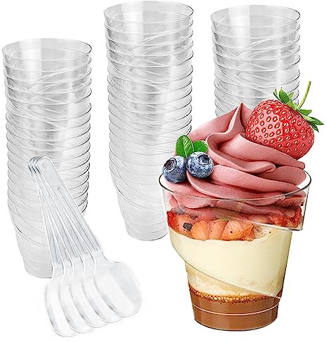 REFORUNG 50 PCS Mini Tasses à Dessert 160ML Verrine en Plastique avec Cuillères Bols Réutilisables Coupes Transparentes pour crème au Chocolat Pudding