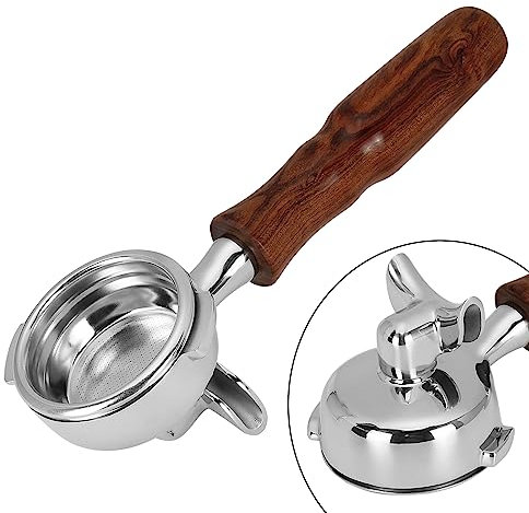 DIBTSA Portafilter Espresso 58 mm compatible avec Nuova Simonelli, double becs 2 oreilles, avec tête en acier inoxydable, panier filtrant et poignée en bois