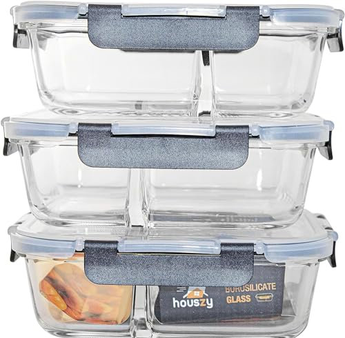 HOUSZY Glass Food Containers with Lids– 2-Compartment Borosilicate Glass Meal Prep Boxes – BPA-Free Airtight Snap-Lock Lids– Microwave, Oven & Freezer Safe – 980ml, Set of 3