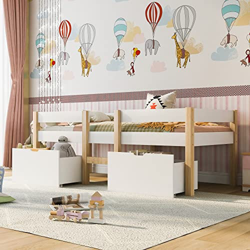 Kinderbett 90×190cm Mit Rausfallschutz und Zwei Schubladen, Kiefernholz Holzbett für Jungen und Mädchen, Kinder Einzelbett, Kinder Hochbett, Weiß & Eiche