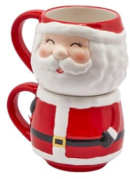 Magie di Natale Tazze impilabili a Forma di Pupazzo, Set da 2 Pezzi, con Manico Rosso da 17 cm (Babbo Natale)