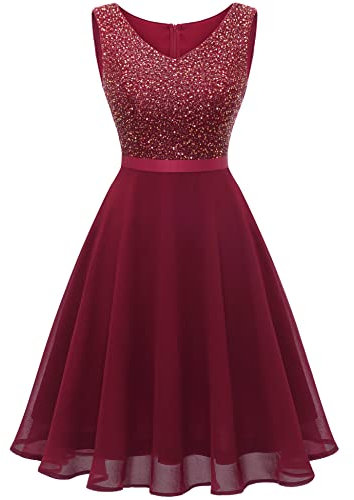 Dressystar Damen Festliche Kleider für Hochzeit Kurz Brautjungfernkleider Ärmellos Cocktailkleid Weihnachten Silvester Dunkelrot L