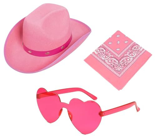 ZOOMPIL Pinker cowboyhut, Besetzter rosa Cowboyhut, Cowboy Hut für Damen, 3pcs mit Herz Brille und Rosa Bandana, Party Halloween Weihnachten Cosplay Kostümzubehör