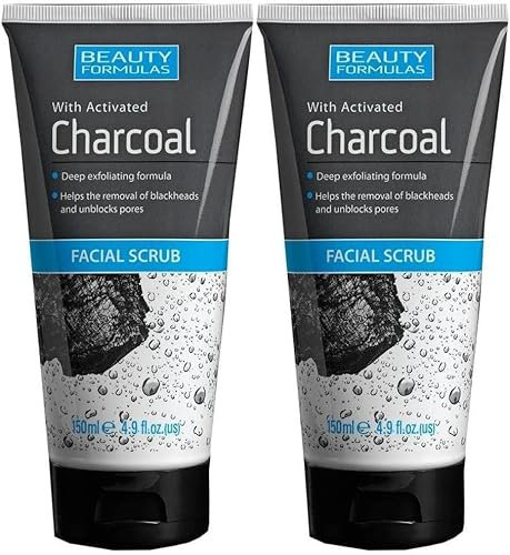 Beauty Formulas Charcoal Facial Scrub 150ml - Pack of 2 - Deep Cleansing Exfoliant with Activated Charcoal - Detoxify, Exfoliate, and Rejuvenate for a Glowing Complexion