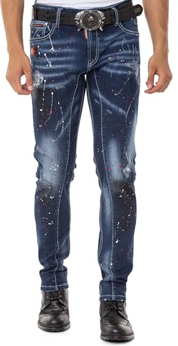 Cipo & Baxx Herren Jeans Hose Straight Fit Denim Farbkleckse Regular Fit Jeanshose CD783 Blau W31 L34