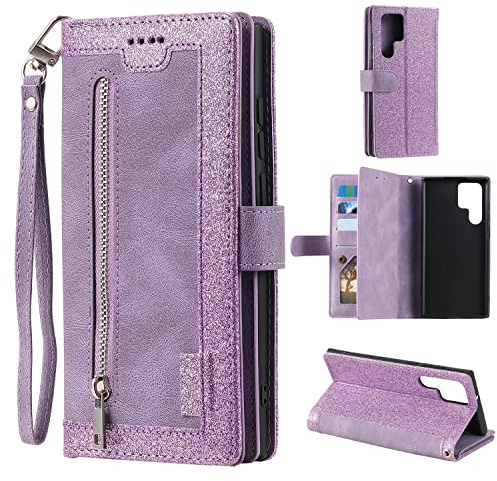 EYZUTAK Handyhülle für Samsung Galaxy S24 Ultra,Flip Case Lederhülle Reißverschluss Magnetverschluss Brieftasche mit 9 Kartenfächern Standfuntion Retro Matt Ledertasche-Glitzer Lila