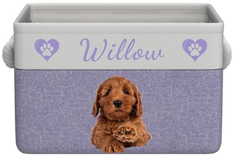 ChromaCollectiveUK Personalised Dog Toy Storage Basket Bin with Handles, Custom Pet's Name and Photo, Foldable Storage Box, Organiser for Dog Toys, Clothes and Accessories (Purple and White)