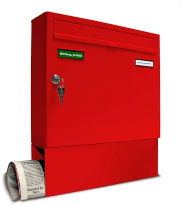 AL Briefkasten Systeme Basic 1er Briefkasten mit Zeitungsfach in RAL 3000 Feuerrot 1 Fach DIN A4 Postkasten wetterfest wasserdicht Briefkastenanlage mit Posthaltebügel und 2 Namensschildern