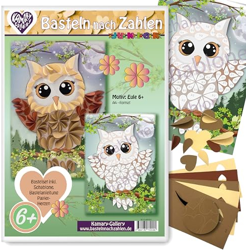 Kamary-Gallery Bastelset Basteln nach Zahlen, Papierbastelset versch. Motive für Kinder ab 6 Jahre, 3D basteln mit Papierherzen auf Schablone (Eule ab 6J)