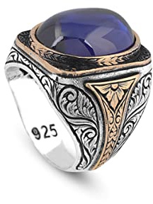 Jewellery Pit - Bague Homme en Saphir Bleu Ovale, Pierre Précieuse, Argent Sterling 925, Fait Main, Millésime, avec Chiffon de Nettoyage en Argent (60)