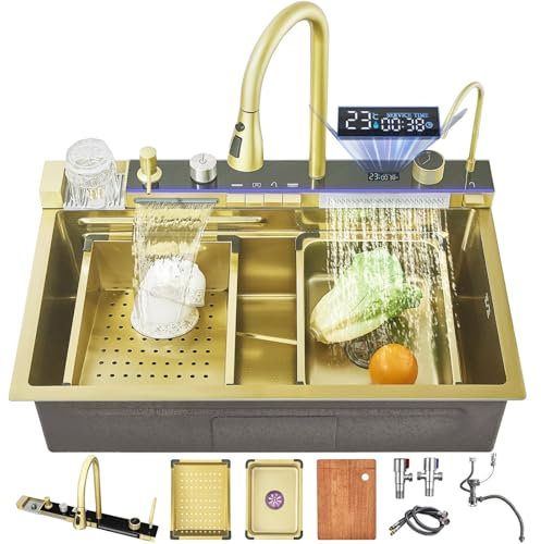 FGNIXLN 80 cm Fregadero de Cocina en Cascada Inteligente Multifuncional Dorado de Acero Inoxidable, con grifo integrado con pantalla digital, lavavasos y juego de accesorios para fregadero