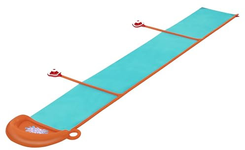 Bestway H2OGO! Wasserrutsche Fontäne, 488 x 129 cm, ab 3 Jahren, strapazierfähiges PVC, SplashBoost Sprinkler, Stomp-Pads, kleines Landebecken, Gartenschlauchanschluss, inkl. Reparaturflicken