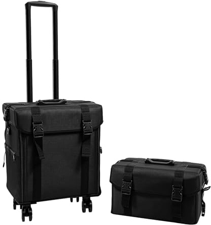 MINRS Valigetta di trucchi 2 in 1 con ruote girevoli a 360° - Grande valigetta di trucchi per parrucchieri, truccatori e manicure - Nero
