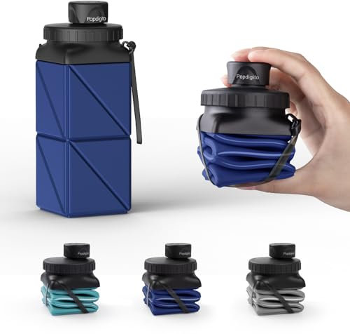 Popdigito Faltbare Wasserflaschen, 420 ml, BPA-frei, wiederverwendbar, leicht, auslaufsicher, Reise-Silikon-Wasserflaschen für Yoga, Büro, Camping, Radfahren, Schule, Outdoor, Dunkelblau