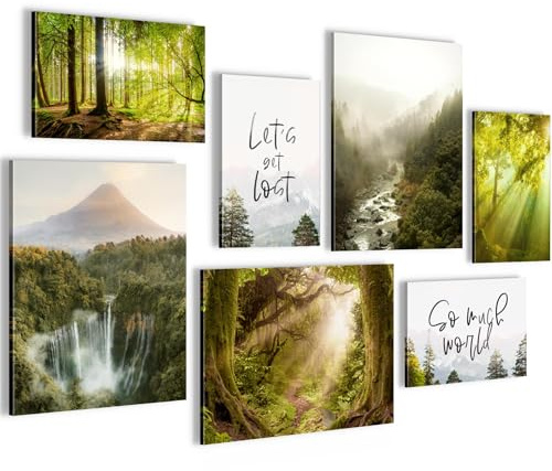 Novart Wandbilder Wald Landschaft - KOMPLETT AUFHÄNGFERTIG - Grün Wohnzimmer Schlafzimmer Flur - 7 Moderne Mood-Bilder - N036671b