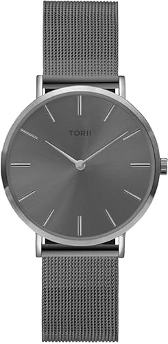 TORII Damenuhr Grau Edelstahl - rund Quarz S34AS.AS Milanaise-Armband Strichindizes wasserdicht 50 m
