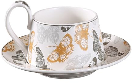 Cappuccino Tassen Untertasse Set 300 ml, Handgemachtes Porzellan Tee Tassen Set - Perfekt für Tee und Kaffee Liebhaber, Skandinavisches Minimalistisches Design (Schmetterling)