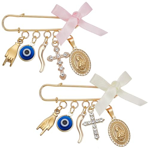 WEBEEDY 2 Styles Evil Eye Brosche Pins mit Kreuz Anhänger und Bow Ribbon Golden Safety Pin Schmuck für Frauen, Dekorative Pins für Kleidung Kleid Pullover Dekoration