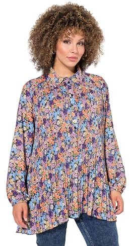 Ulla Popken Damen große Größen Übergrößen Plus Size Plissee-Bluse, Blüten, A-Linie, Hemdkragen, Langarm kräftiges orange 58+ 835009658-58+