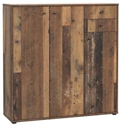 möbelando Sideboard >TEMPRA2< im Old-Wood-Vintage-Stil bietet 2 Schubladen, 3 Türen und 4 Einlegeböden. Maße: 108,8 x 111,1 x 34,8 cm, robust und modern.