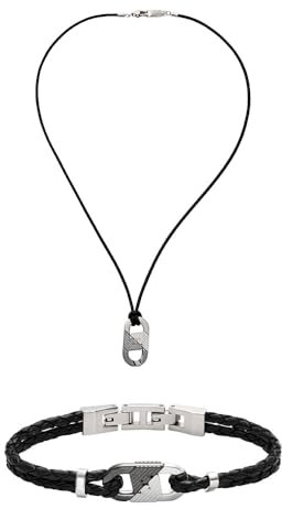 Emporio Armani Herren Zweifarbiger Leder Halskette und Armband, Set