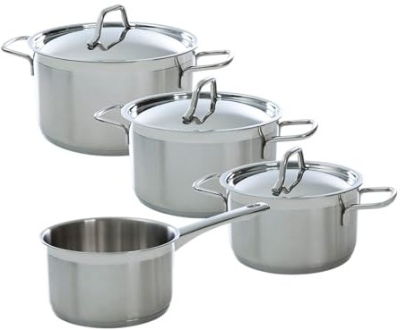 BK Marmite 18/10 Edelstahl-Kochgeschirrset, 4-teilig, mit Schmortopf, Suppentopf, Stieltopf, Induktionsgeeignet, Ofenfest bis 220 °C, Spülmaschinenfest, Silber