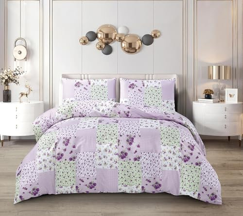 PRIME LINENS Duvet Cover Set 4 Pcs Polyester-Cotton Quilt Cover Bedding Set With Pillow Cases and Extra Fitted Sheet Included (Province, Double)
