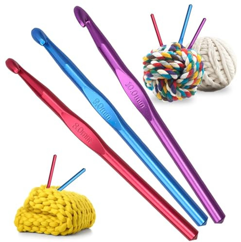 Large Size Crochet, 8mm 9mm 10mm Aluminium Handle Crochet Coloured Crochet Needles 3 Pcs Chunky Crochet Hook Ergonomic Handle Giant Hooks for Arthritic Hands Blankets Shawl Carpet Scarf