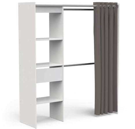 Kleiderschrank begehbar, mit Vorhang, 6842, 192cm hoch, Variable Breite von 110-170cm, 48kg, Matt Weiß, 2 Kleiderstangen