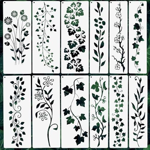 JIYIN 12 Stück Blatt-Ranken-Schablonen, Florale Schablonen für Holz, Wände, Leinwand, Möbel