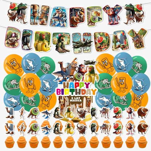 Krilucly Decoración para fiestas de cumpleaños con temática de Tung Sahur, con pancarta, globos, decoración para cupcakes, Happy Birthday Decoraciones, brainrot cumpleaños, adornos fiesta cumpleaños