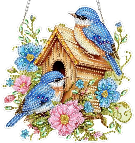 MAXBYE Diamond Painting Fensterbilder Blaue Vögel Set Erwachsene, Blumen Diamond Painting Art Double-Sided Pendant, Kristall Hanging Pendant mit Kette Decor Window Pictures Für Fenster Wand 20x20cm