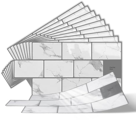 10-Sheets Peel and Stick Wall Tiles, 3D Self Adhesive Tile Stickers for Bathroom and Kitchen, Stick on Tiles Splashback White (30.5x15.25cm)