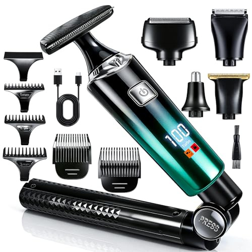 Back Shaver for Men,LED Display 5 in 1 Electric Body Groomer with Adjustable Long Handle - Rechargeable, IPX6 Waterproof Trimmer for Full Body Grooming（Green）
