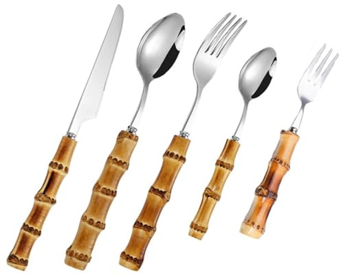 Besteckset 1 Satz aus Edelstahl und Bambus für Restaurant und Küche | Rosa Besteck, Komfortabler Griff, Hitzebeständig und Praktisch, Schlicht Elegant