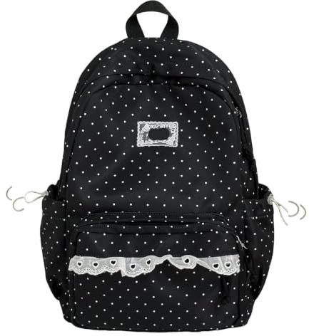 Ästhetischer Gelber Polka-dot-Rucksack – Niedlicher, Großer Laptop-tagesrucksack Mit Spitze Für Kawaii-Fans, Inklusive Stylischer Accessoires Black Polka Dot